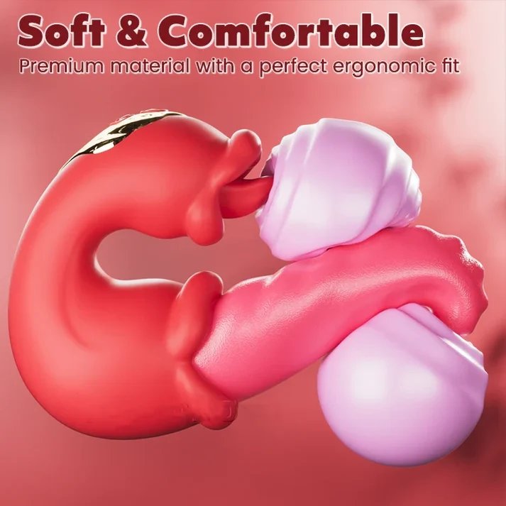 Lingua di rosa, leccata clitoridea, doppio vibratore, dildo