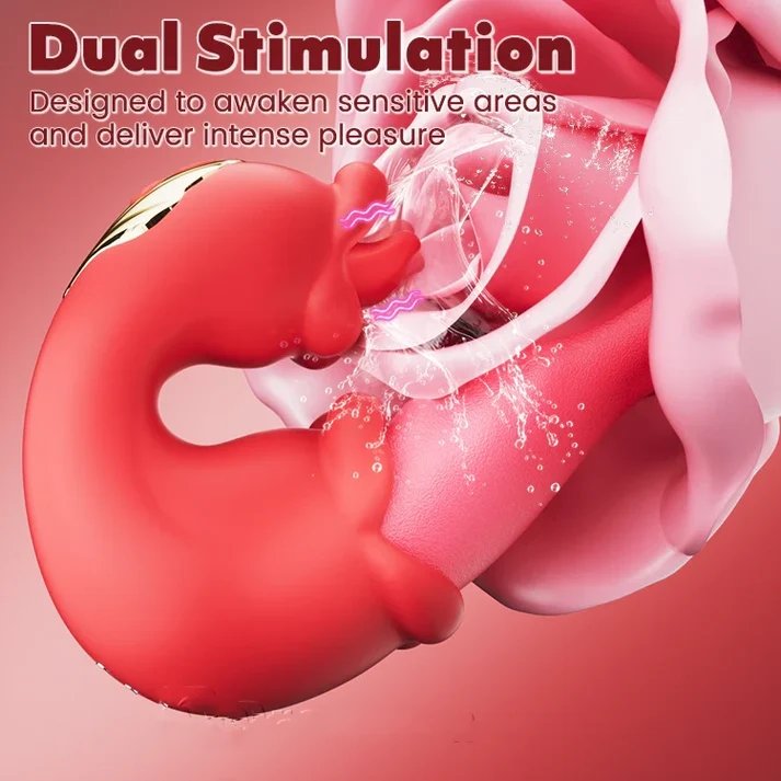 Lingua di rosa, leccata clitoridea, doppio vibratore, dildo
